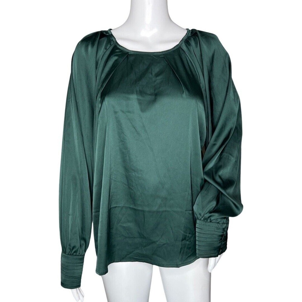 Mine Shirt Women Medium Green Satin Blouse Neutral Preppy Office Casual Bohemian